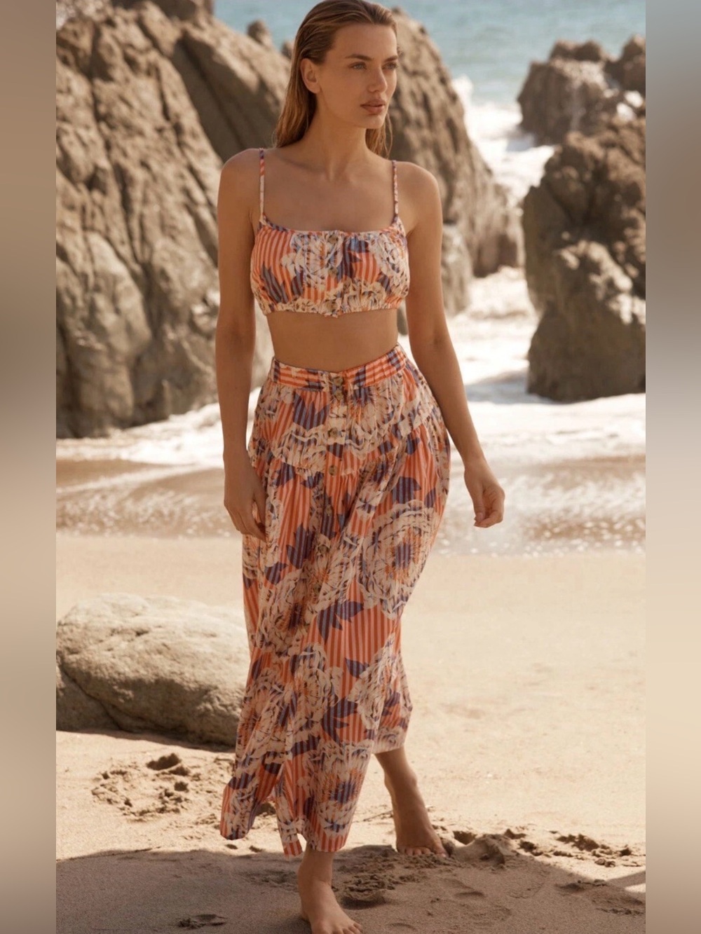 Anthropologie floral  Orange and Blue Women's maxiSkirt